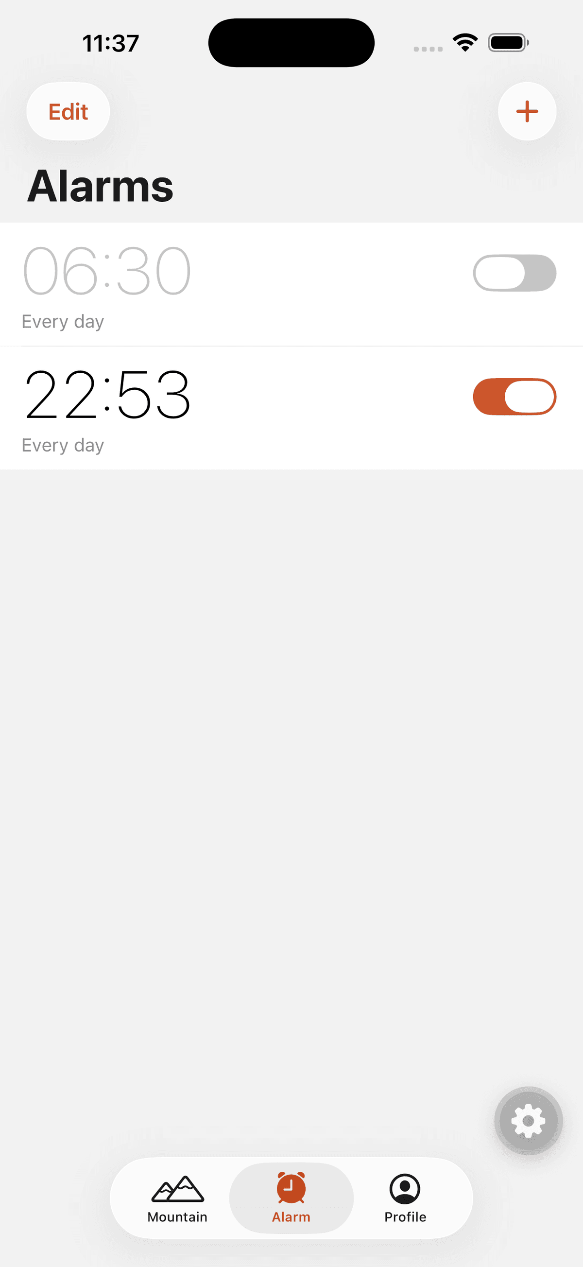 Bouldy alarms screen — daily alarms that ring through silent mode