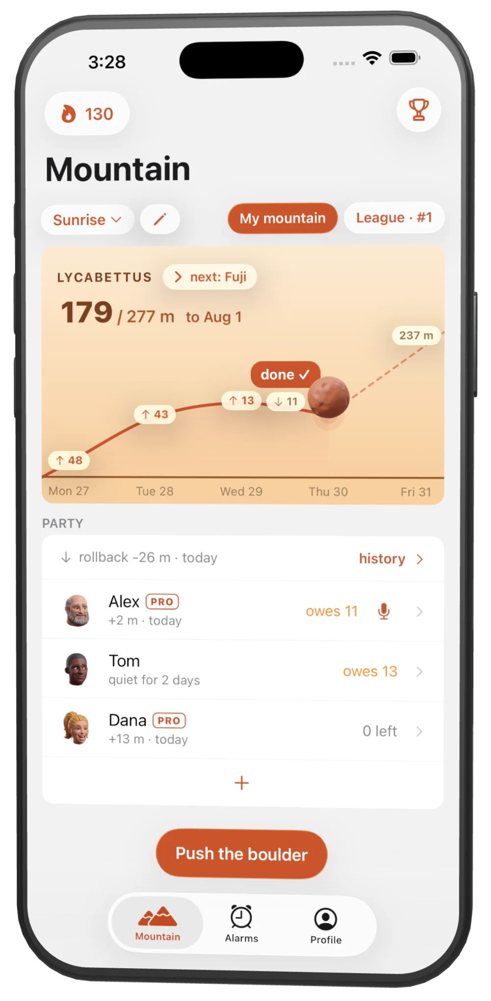 Bouldy app — the party's boulder climbing the mountain
