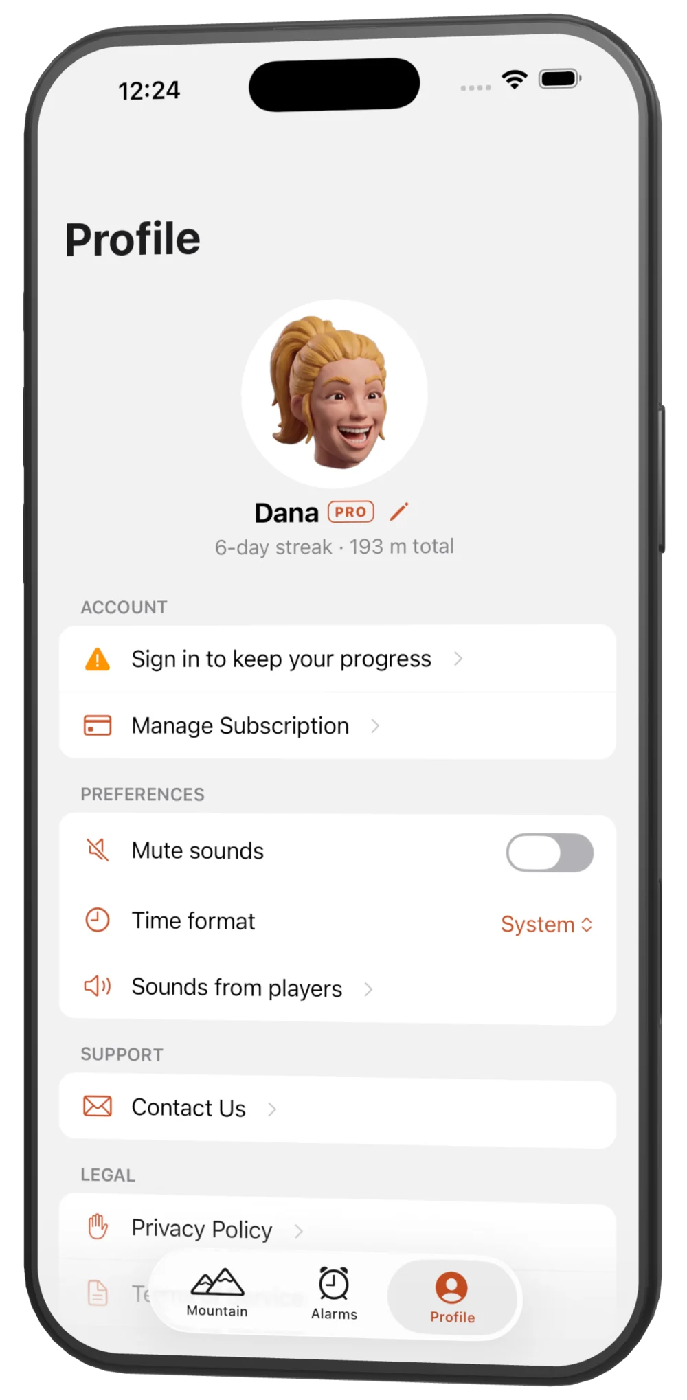 Bouldy profile — a clay climber avatar with streak and account