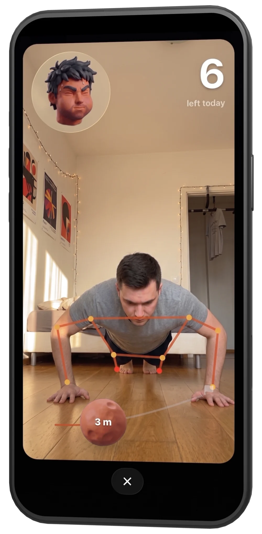 Bouldy push-up session — the phone counting reps as a boulder rolls across the floor